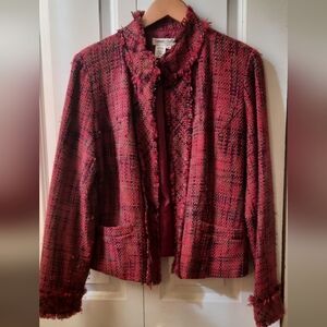 Coldwater Creek Red Tweed Fringed Collarless Jacket